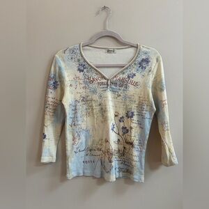 Jamee J Y2K Rhinestone Floral Pattern V-Neck Cotton 3/4 Sleeve Shirt Top Blouse